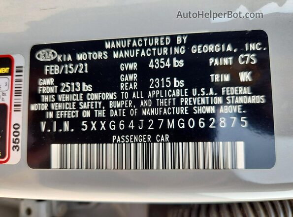5XXG64J27MG062875 2021 KIA K5 Gray VIN կոդի պիտակի տեսք