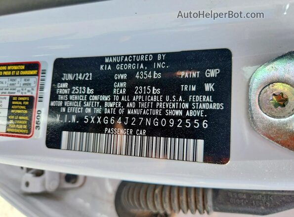 5XXG64J27NG092556 2022 KIA K5 White ძრავის განყოფილების ხედი