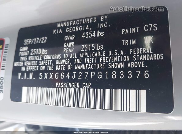 5XXG64J27PG183376 2023 KIA K5 Gray Vista del compartimento del motor