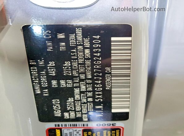 5XXG64J27RG243904 2024 KIA K5 Gray VIN sticker view