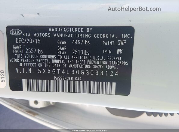 5XXGT4L30GG033124 2016 KIA OPTIMA White Вид підкапотного простору