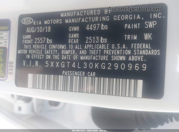 5XXGT4L30KG290969 2019 KIA OPTIMA White Engine compartment view