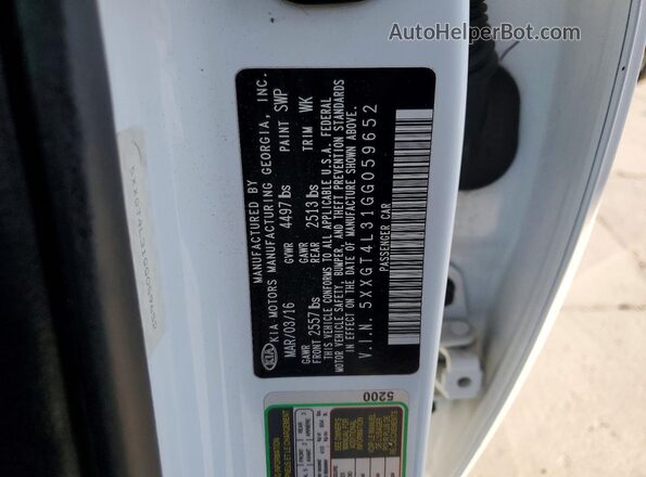 5XXGT4L31GG059652 2016 KIA OPTIMA White Շարժիչի բաժամունքի տեսք