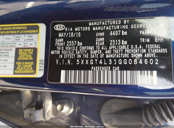 5XXGT4L31GG084602 2016 KIA OPTIMA Blue ძრავის განყოფილების ხედი