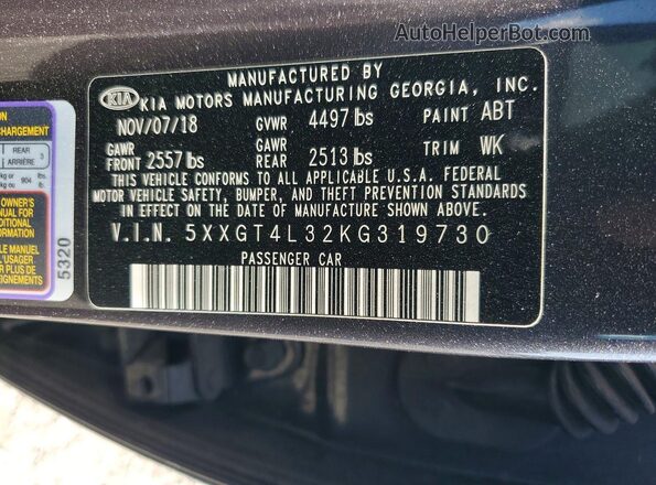 5XXGT4L32KG319730 2019 KIA OPTIMA Gray ძრავის განყოფილების ხედი