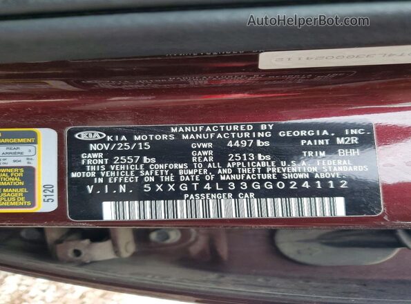 5XXGT4L33GG024112 2016 KIA OPTIMA Maroon Շարժիչի բաժամունքի տեսք