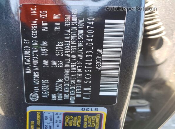 5XXGT4L33LG400740 2020 KIA OPTIMA Charcoal VIN sticker view