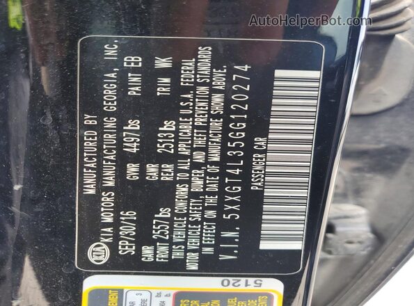 5XXGT4L35GG120274 2016 KIA OPTIMA Black Widok komory silnika