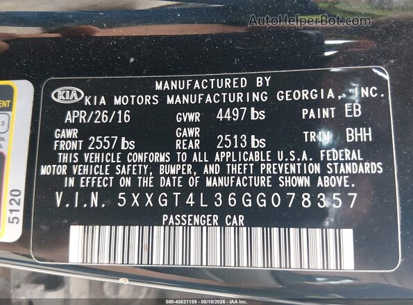 5XXGT4L36GG078357 2016 KIA OPTIMA Black Vista del compartimento del motor