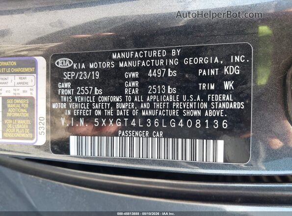 5XXGT4L36LG408136 2020 KIA OPTIMA Gray Vista del compartimento del motor