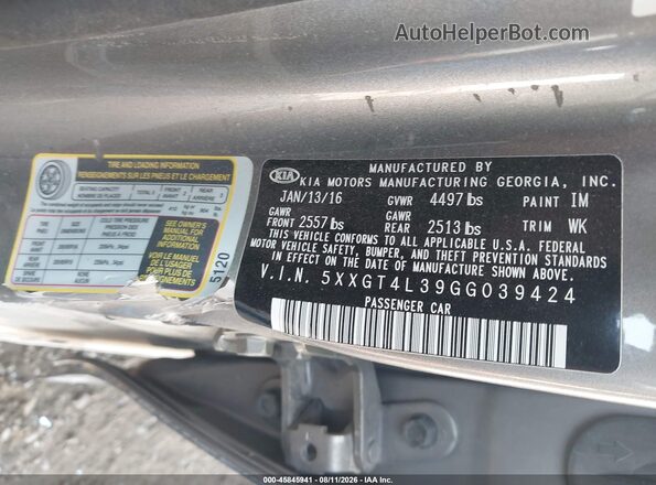 5XXGT4L39GG039424 2016 KIA OPTIMA Gray Engine compartment view