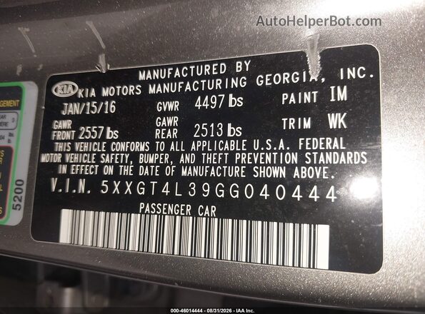 5XXGT4L39GG040444 2016 KIA OPTIMA Gray Շարժիչի բաժամունքի տեսք