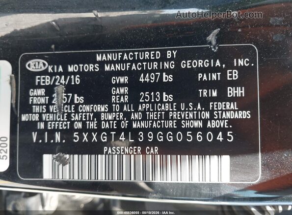 5XXGT4L39GG056045 2016 KIA OPTIMA Black Շարժիչի բաժամունքի տեսք