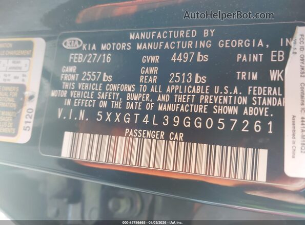 5XXGT4L39GG057261 2016 KIA OPTIMA Black Engine compartment view