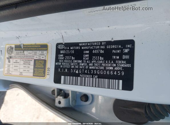5XXGT4L39GG066459 2016 KIA OPTIMA White Вид підкапотного простору