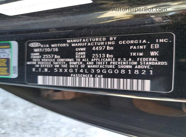 5XXGT4L39GG081821 2016 KIA OPTIMA Black Vista del compartimento del motor