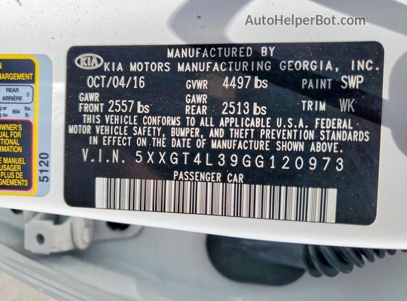 5XXGT4L39GG120973 2016 KIA OPTIMA White ძრავის განყოფილების ხედი