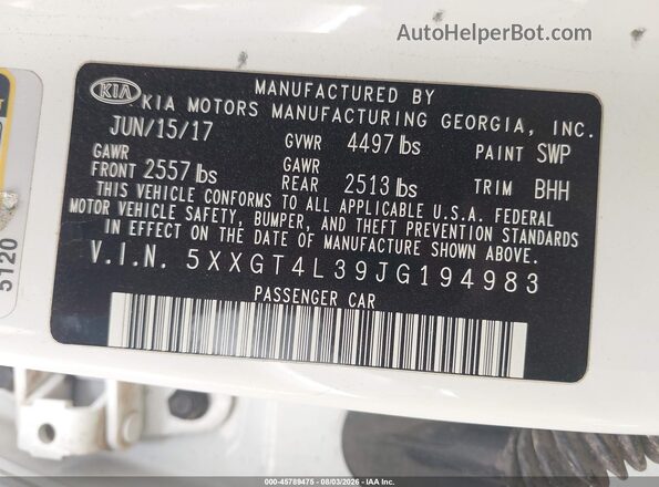 5XXGT4L39JG194983 2018 KIA OPTIMA Белый Вид подкапотного пространства