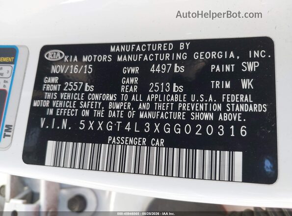 5XXGT4L3XGG020316 2016 KIA OPTIMA White Engine compartment view