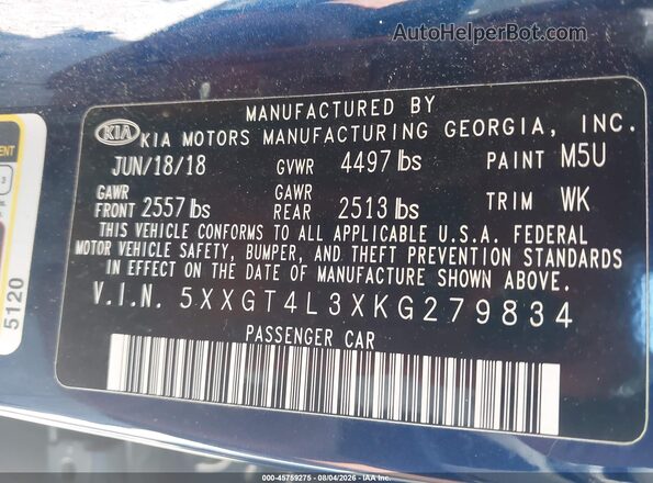 5XXGT4L3XKG279834 2019 KIA OPTIMA Blue Вид підкапотного простору