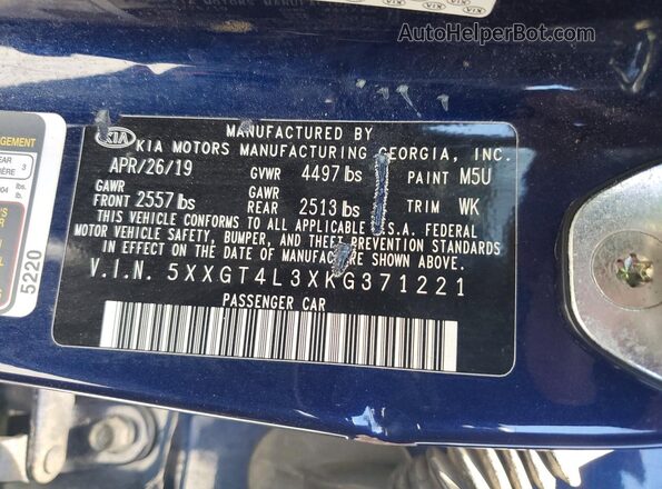 5XXGT4L3XKG371221 2019 KIA OPTIMA Blue Widok naklejki z numerem VIN
