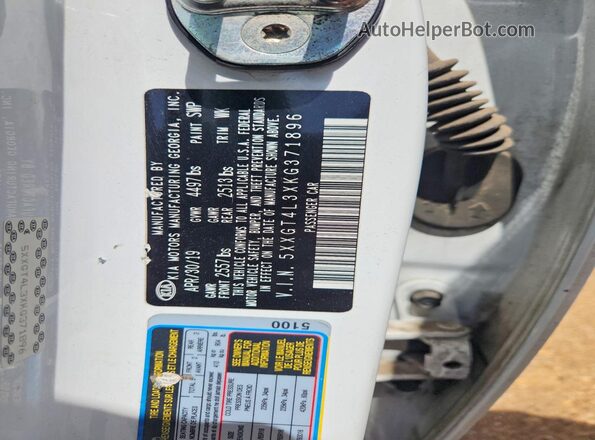 5XXGT4L3XKG371896 2019 KIA OPTIMA White VIN კოდის სტიკერის ხედი