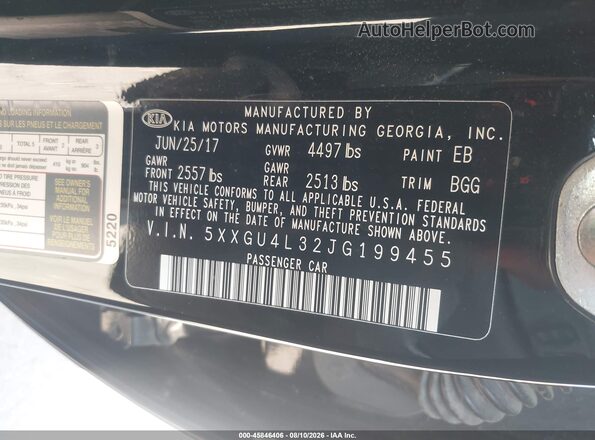 5XXGU4L32JG199455 2018 KIA OPTIMA Black Widok komory silnika