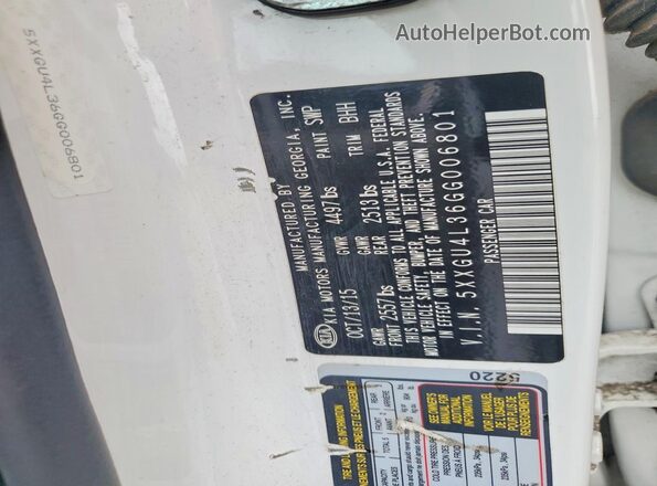 5XXGU4L36GG006801 2016 KIA OPTIMA White Вид підкапотного простору