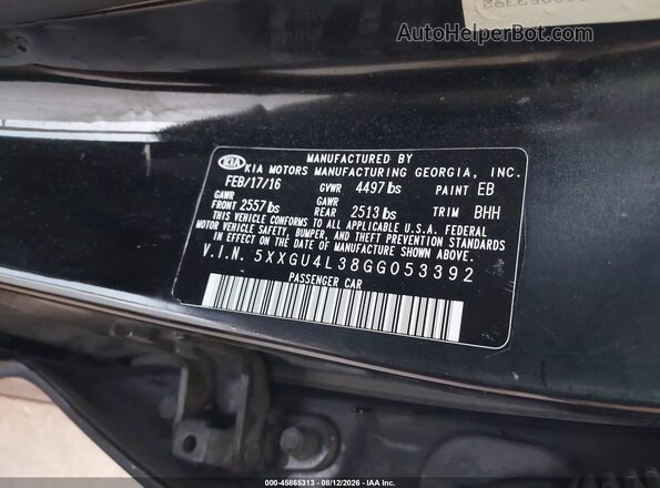 5XXGU4L38GG053392 2016 KIA OPTIMA Black Vista del compartimento del motor