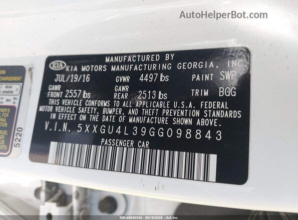 5XXGU4L39GG098843 2016 KIA OPTIMA Белый Вид подкапотного пространства
