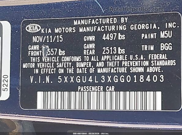 5XXGU4L3XGG018403 2016 KIA OPTIMA Blue Շարժիչի բաժամունքի տեսք