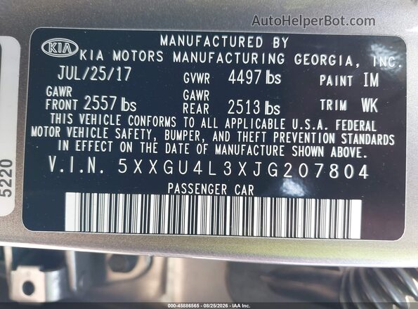 5XXGU4L3XJG207804 2018 KIA OPTIMA Gray Engine compartment view