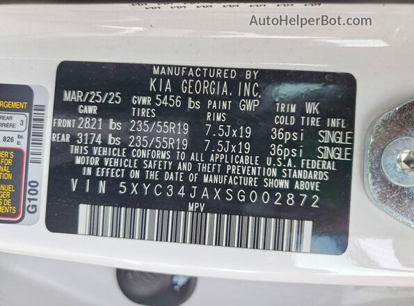 5XYC34JAXSG002872 2025 KIA EV6 White VIN sticker view