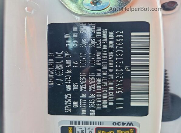 5XYK23DF2TG376992 2026 KIA SPORTAGE White Widok naklejki z numerem VIN