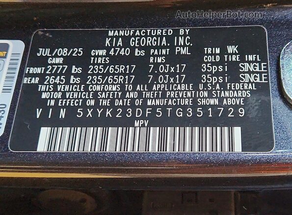 5XYK23DF5TG351729 2026 KIA SPORTAGE Charcoal VIN կոդի պիտակի տեսք