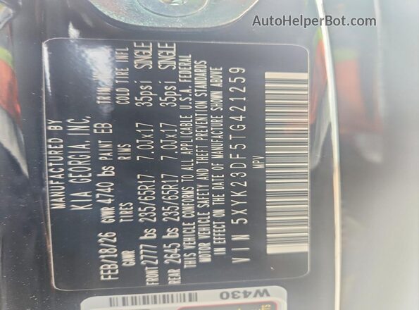 5XYK23DF5TG421259 2026 KIA SPORTAGE Black Вид наклейки з VIN-кодом