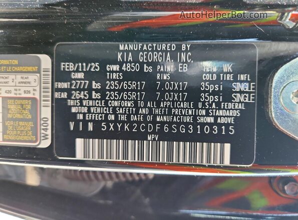 5XYK2CDF6SG310315 2025 KIA SPORTAGE Black VIN sticker view
