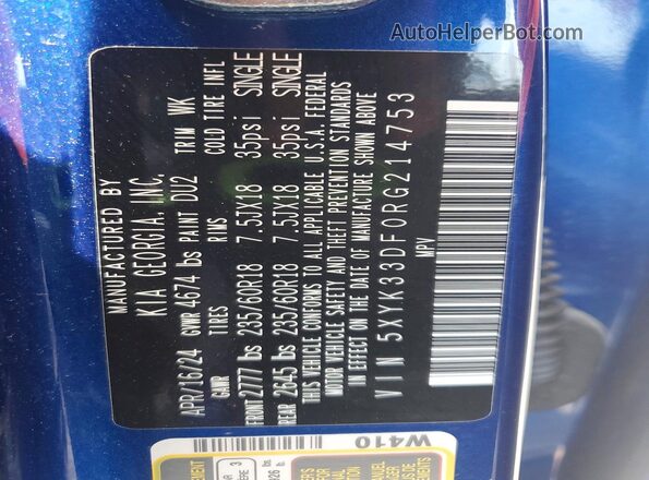 5XYK33DF0RG214753 2024 KIA SPORTAGE Blue VIN sticker view