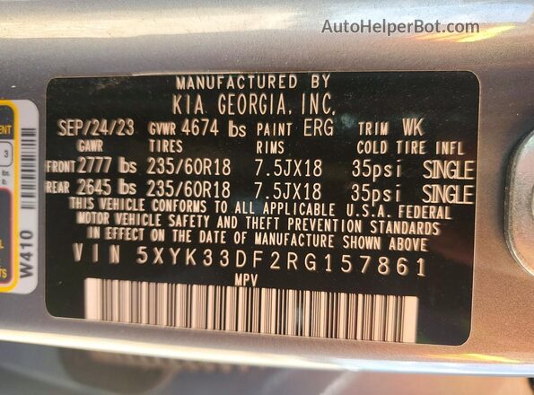5XYK33DF2RG157861 2024 KIA SPORTAGE Серый Вид наклейки с VIN-кодом