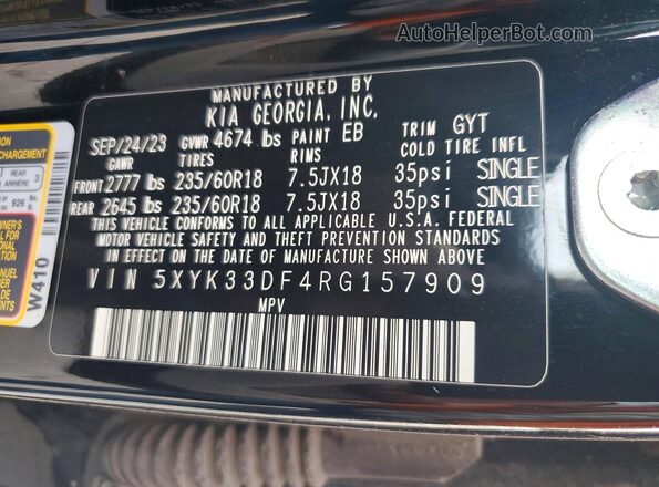 5XYK33DF4RG157909 2024 KIA SPORTAGE Black Widok naklejki z numerem VIN