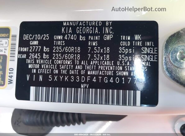 5XYK33DF4TG401775 2026 KIA SPORTAGE White Vista del compartimento del motor