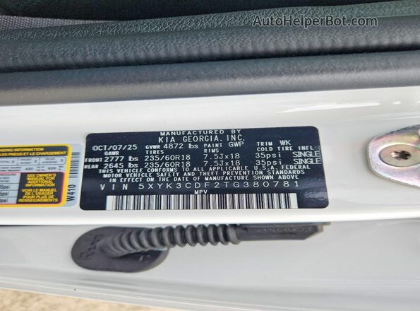 5XYK3CDF2TG380781 2026 KIA SPORTAGE White Widok naklejki z numerem VIN