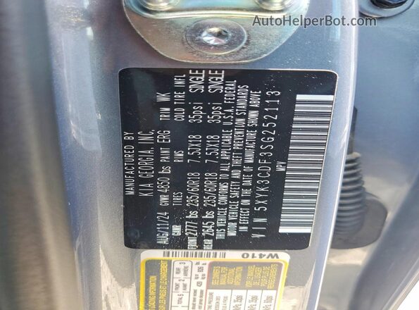 5XYK3CDF3SG252113 2025 KIA SPORTAGE Gray Вид наклейки з VIN-кодом