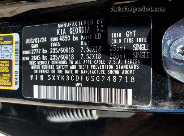 5XYK3CDF6SG248718 2025 KIA SPORTAGE Black Vista de la etiqueta del VIN