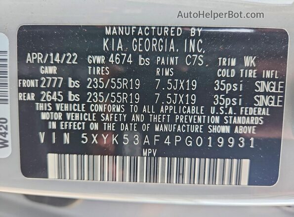 5XYK53AF4PG019931 2023 KIA SPORTAGE Gray VIN sticker view