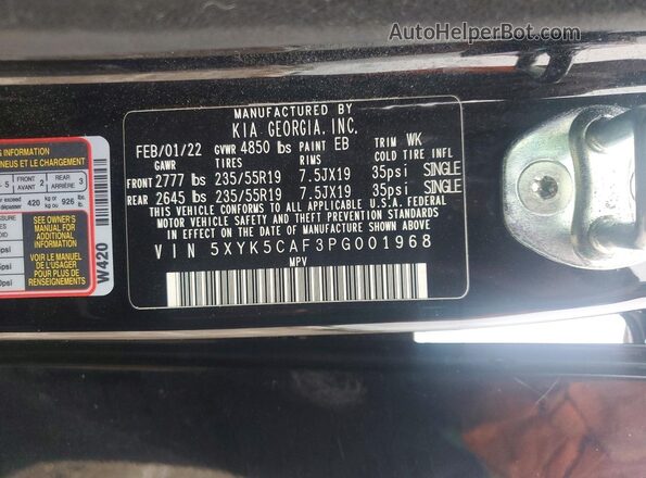 5XYK5CAF3PG001968 2023 KIA SPORTAGE Black Вид наклейки з VIN-кодом