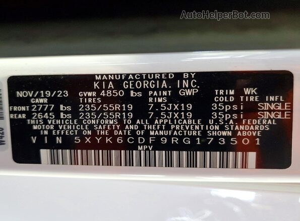 5XYK6CDF9RG173501 2024 KIA SPORTAGE White VIN sticker view
