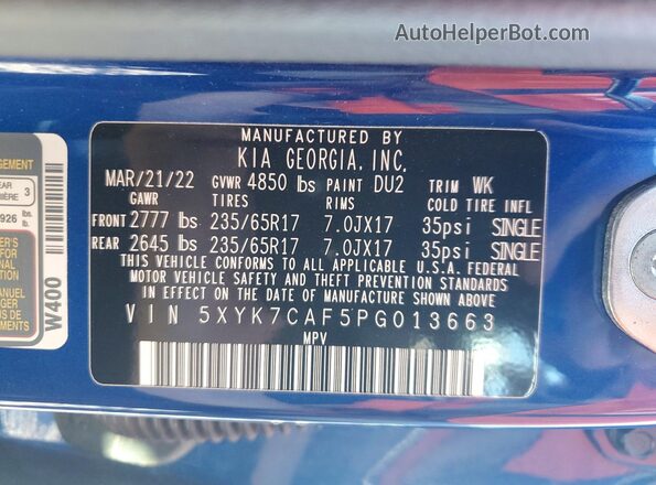 5XYK7CAF5PG013663 2023 KIA SPORTAGE Blue VIN კოდის სტიკერის ხედი