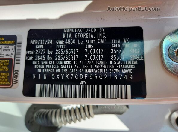 5XYK7CDF9RG213749 2024 KIA SPORTAGE Белый Вид наклейки с VIN-кодом