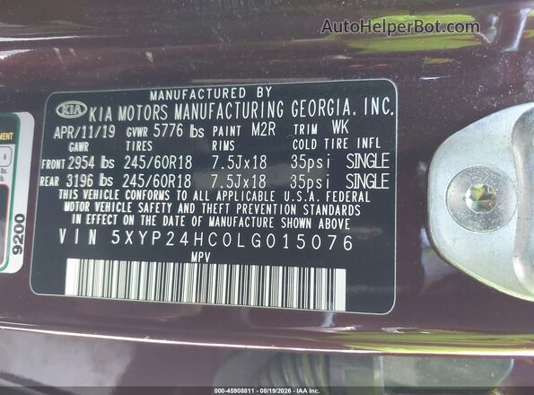 5XYP24HC0LG015076 2020 KIA TELLURIDE Бордовый Вид подкапотного пространства
